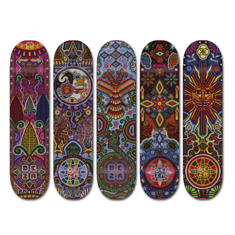 Tabla garantizada para su uso Profesional, compuesta de 7 capas de maple de Norte América. Serie inspirada en el Arte Huichol Mexicano. Arte orginal huichol realizado por artesano Roberto León y luego pasados a digital.